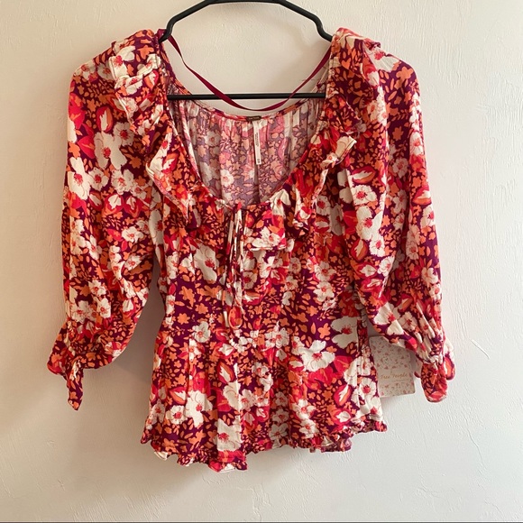 NWT Free People Sweet Memories Pink Multi Floral Print Ruffled Puff Sleeve Top - Picture 3 of 11